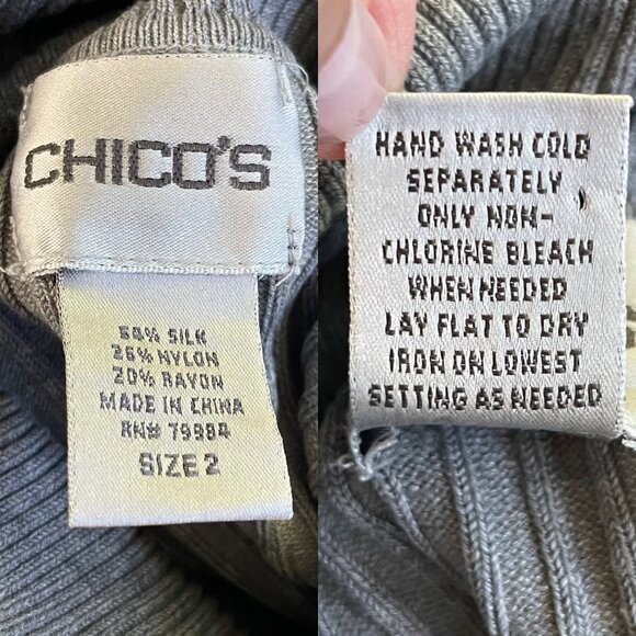 Chicos Gray Ribbed Turtleneck Sweater Size 2 Silk Blend Long Sleeve Lightweight - Picture 3 of 5